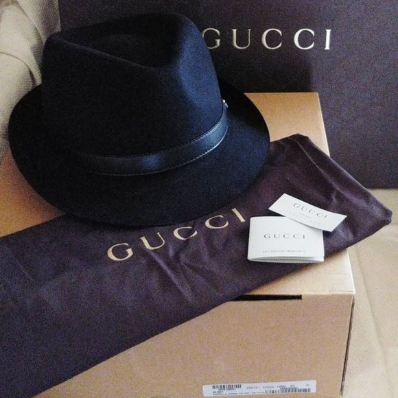 Gucci Rabbit Felt and Leather Fedora Hat in Black with Gold Horsebit, Sz Med NWT - Picture 1 of 5